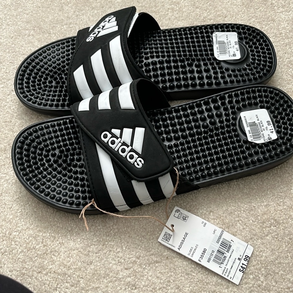New with Tags Bkack and White adidas Slides Size 10